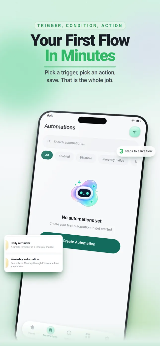 Flowbot store frame headlined “Your First Flow In Minutes”, showing the light-theme automations list with enabled and disabled flows.