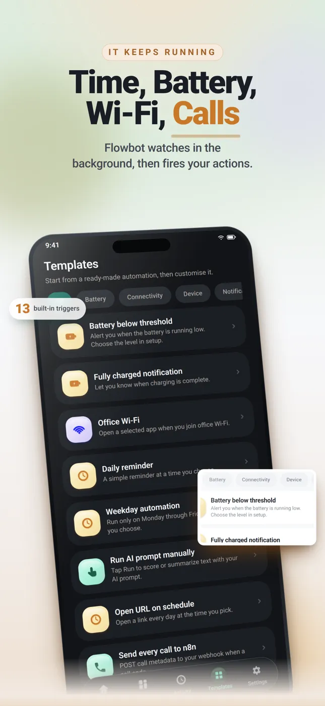 Flowbot store frame headlined “Time, Battery, Wi-Fi, Calls”, showing the dark-theme template list.