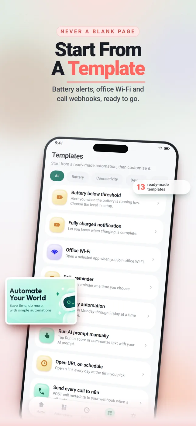 Flowbot store frame headlined “Start From A Template”, showing the light-theme template list with battery, Wi-Fi and call templates.