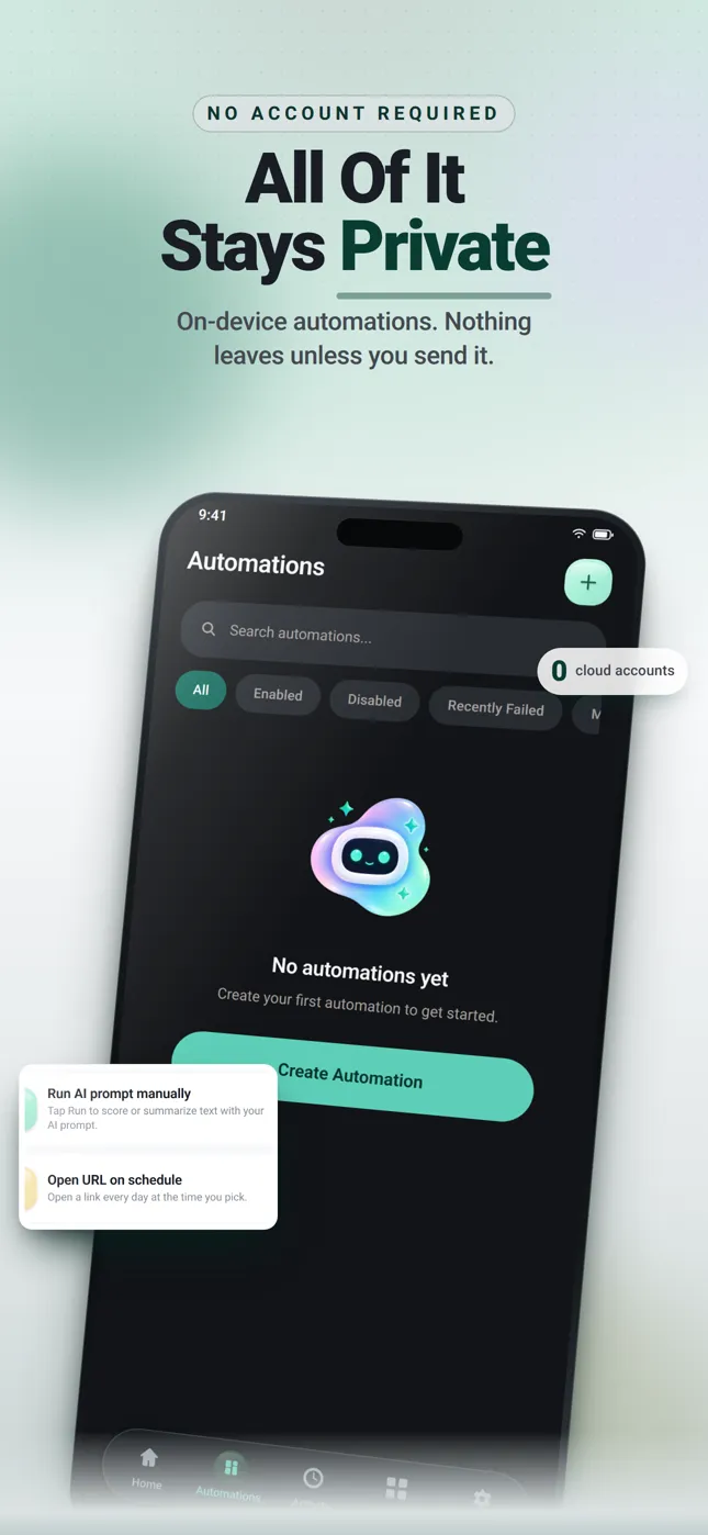 Flowbot store frame headlined “All Of It Stays Private”, showing the dark-theme automations list.