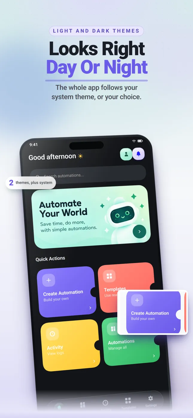 Flowbot store frame headlined “Looks Right Day Or Night”, showing the dark-theme Home screen.